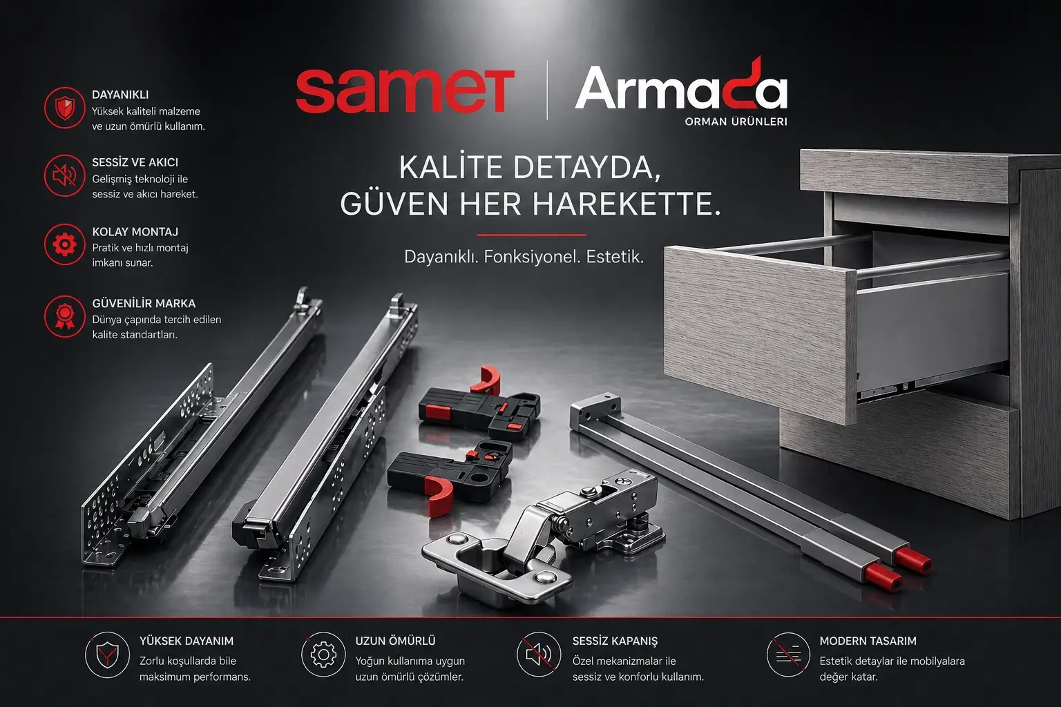 Samet menteşe, çekmece rayı ve mobilya bağlantı aksesuarları